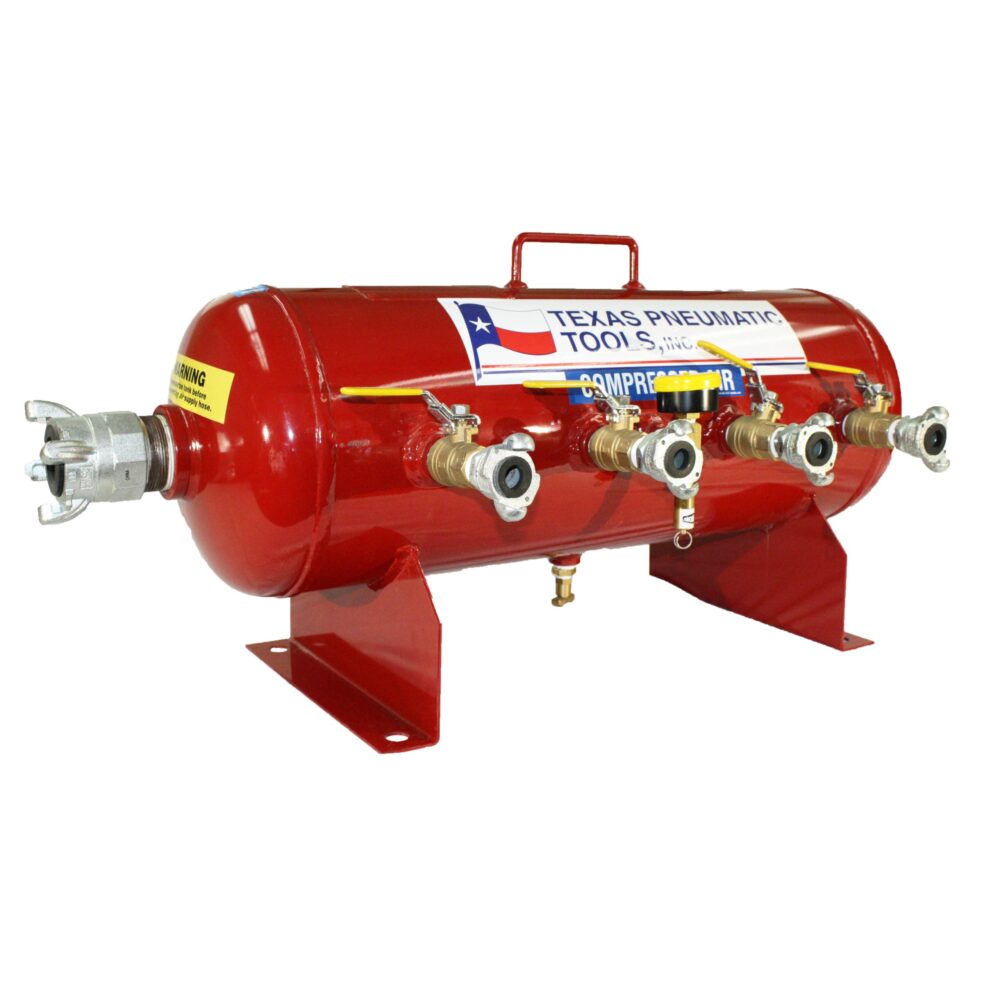 TX-2AMF Front View of Fifteen Gallon, 200 PSI ASME Certified Air ManifoldTop View of Air Manifold with 2.5 Gallon, ASME Tank and Industrial Quick Connect Fittings | Texas Pneumatic Tools, Inc.