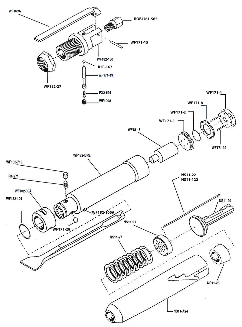 Model 172 & 182 Schematic & Replacement Parts for Ingersoll Rand - Model 172 & 182 - Needle Scaler