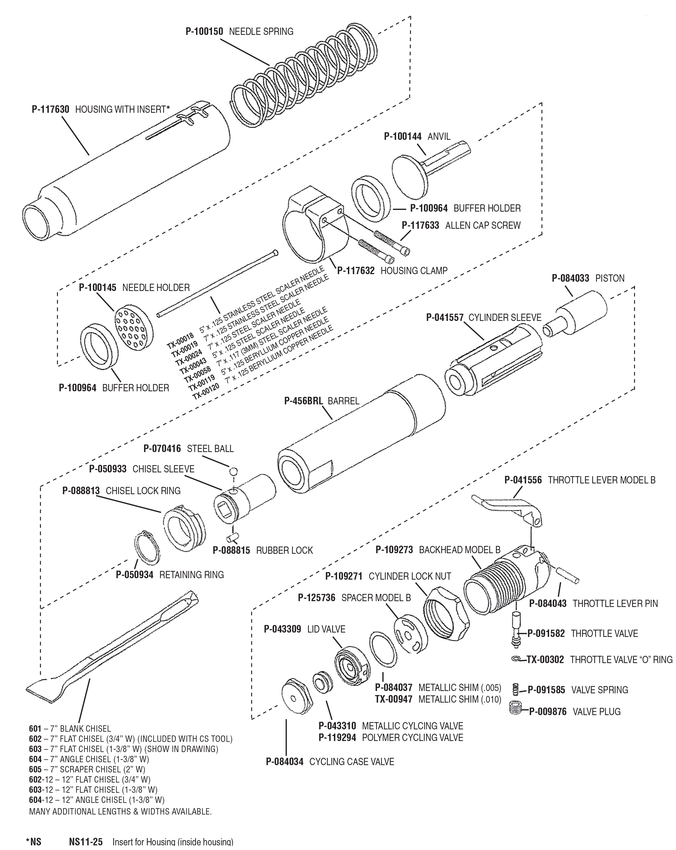 TX456-NS & TX456-CS Schematic & Replacement Parts for Texas Pneumatic Tools - TX456-NS & TX456-CS - Needle / Chisel Scaler