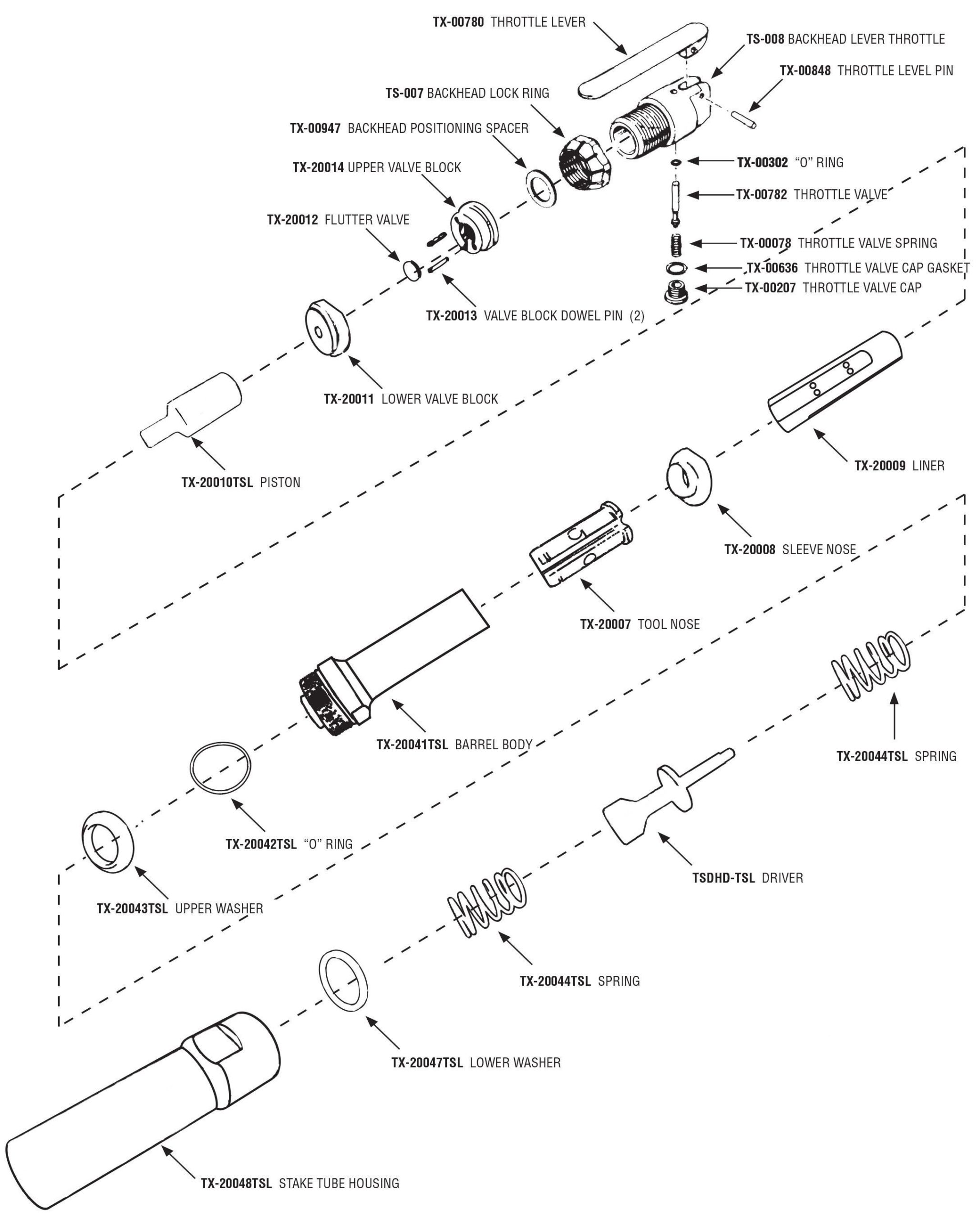 TX1000TSL Schematic & Replacement Parts for Texas Pneumatic Tools - TX-29RD-8/3 & TX-29RD-8/4 - Stake Drivers